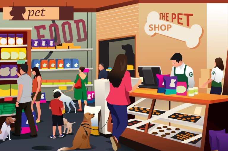 A vector illustration of People Shopping For Their Pets at Pet Shop